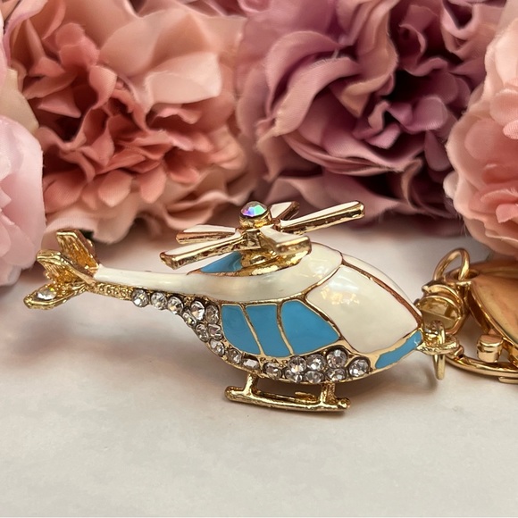 Whimsical Blue and White Crystal Helicopter Keychain Charm - Picture 9 of 16